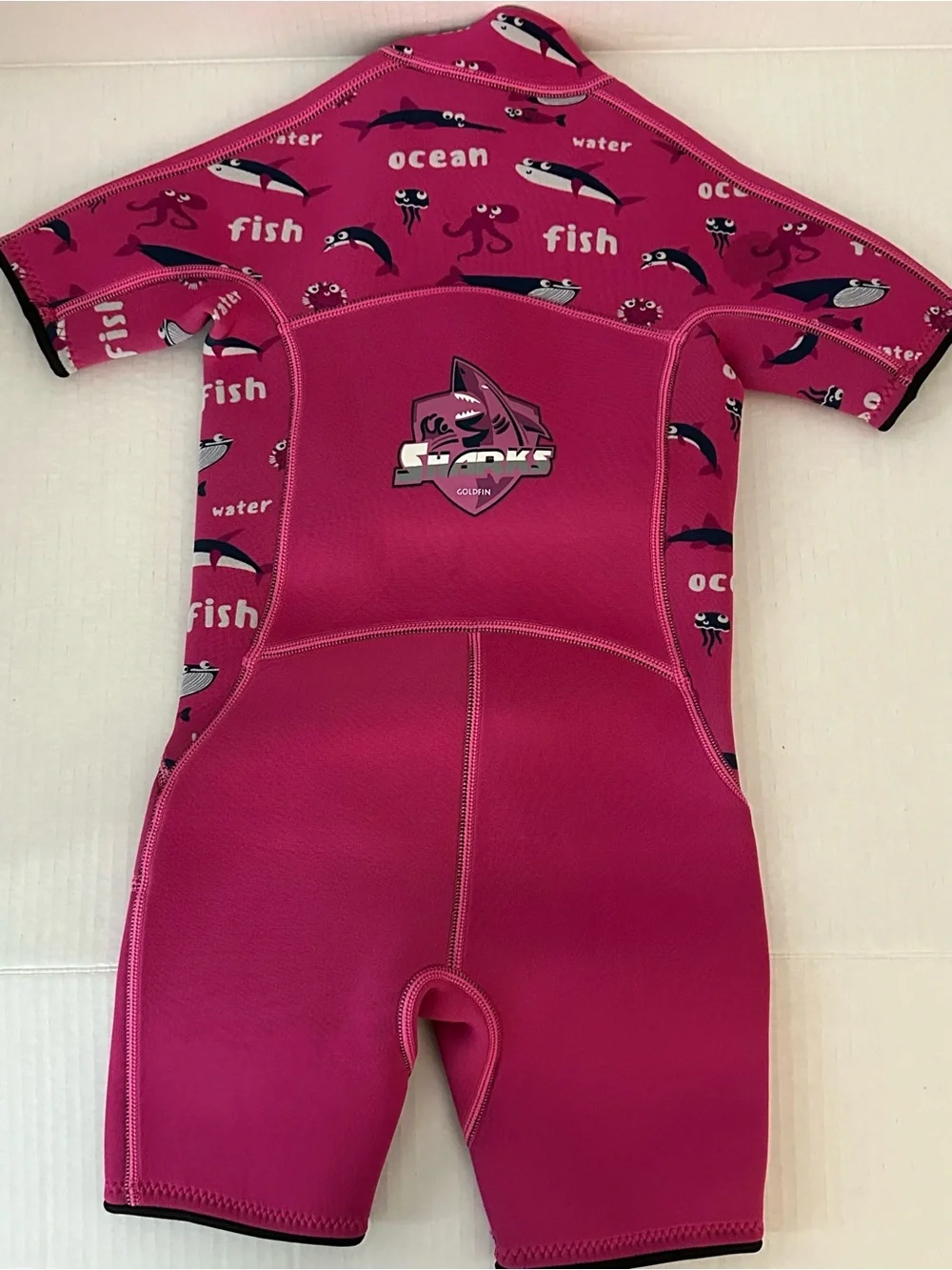GoldFin Girls Wetsuit Size 4 Pink Shark Ocean Neoprene Shorty Front Zip Swim